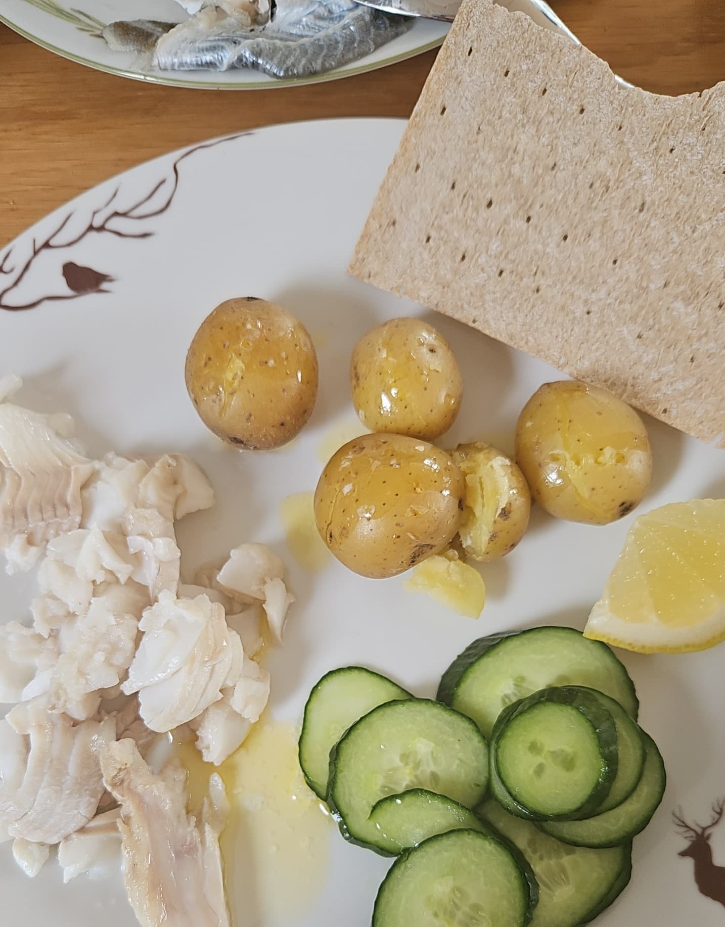 fish I caught, potatoes, cucumber